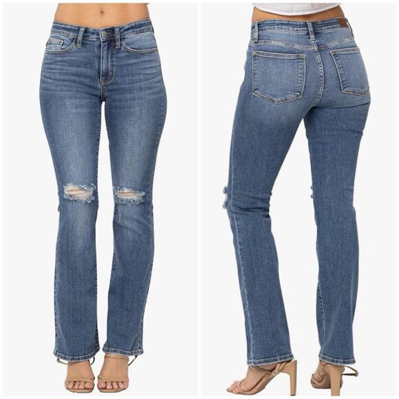 Judy Blue Denim - Judy Blue Mid Rise Pocket Tooling Knee Destroy Bootcut Jeans 22W JB82264MD-PL